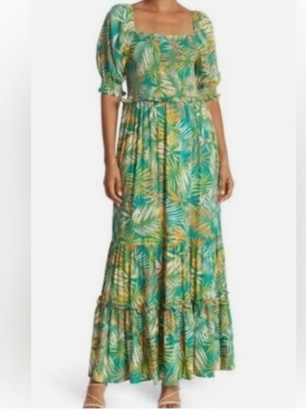 Size M Betsey Johnson Green Tropical Print Maxi Dress with Square Neck